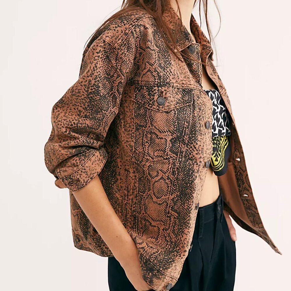 Free People Snakeskin Print Trucker Jacket Sz S Oversized